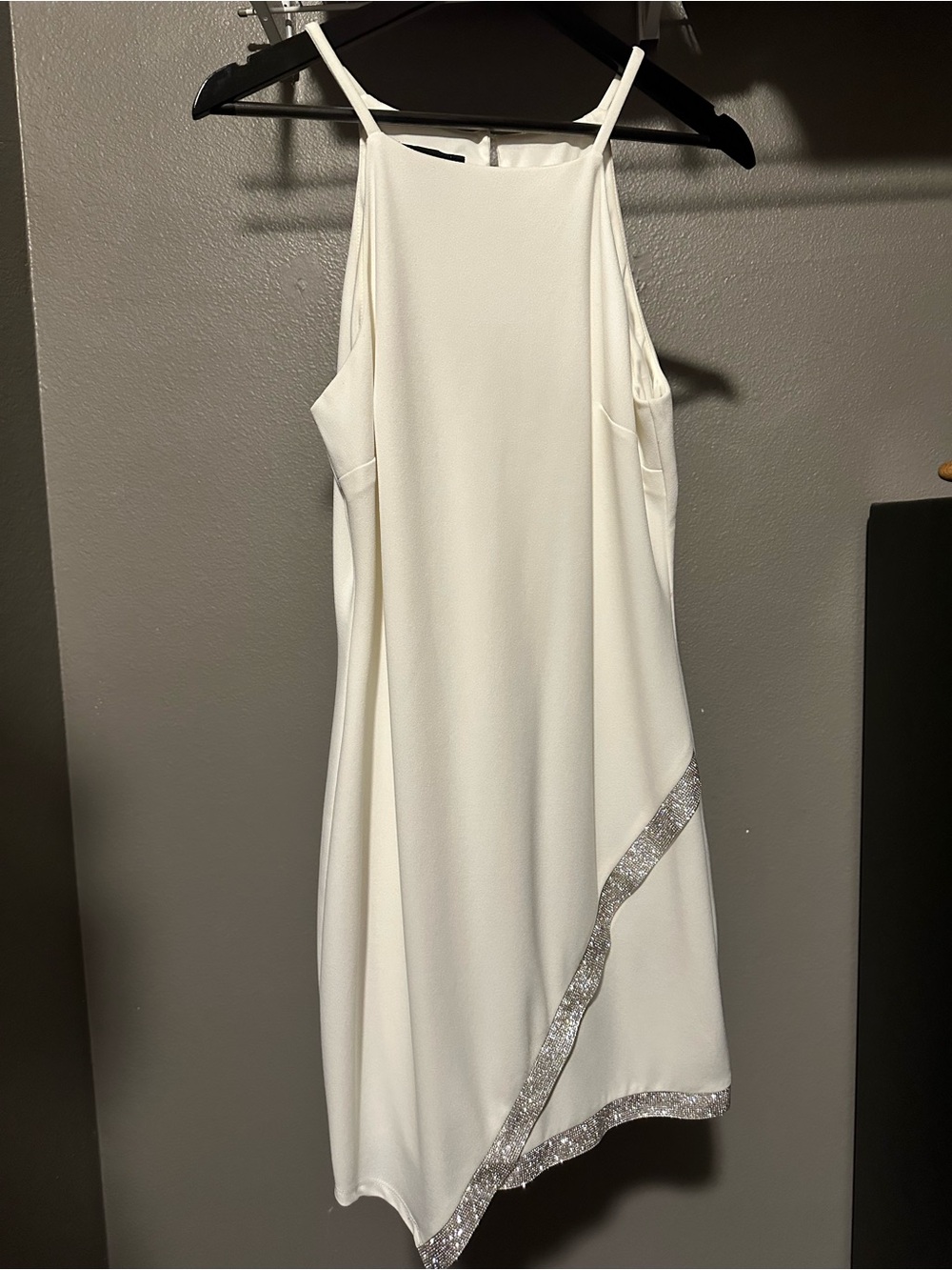 BCX White Asymmetrical Slip Dress with Silver Sequin Trim